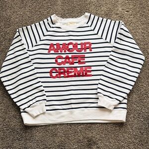 Sezane White and Black Striped Sweater with Red Text